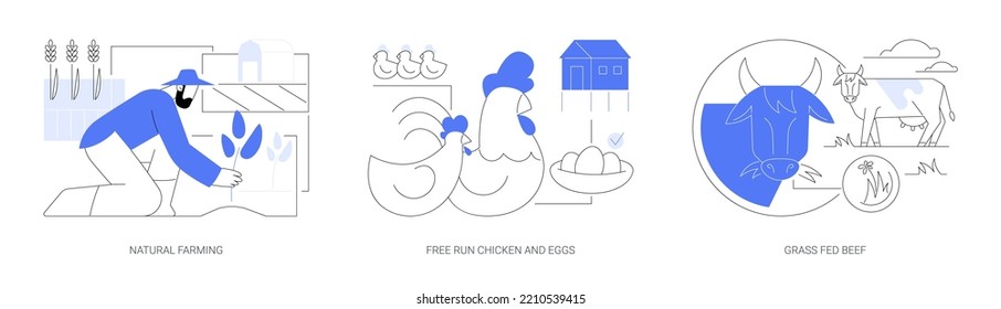 Ecological farming abstract concept vector illustration set. Natural farming, free run chicken and eggs, grass fed beef, sustainable agriculture, food labeling, antibiotics free abstract metaphor.