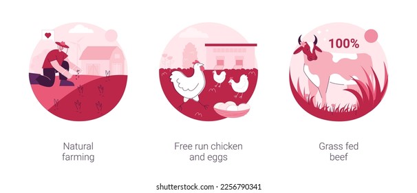 Ecological farming abstract concept vector illustration set. Natural farming, free run chicken and eggs, grass fed beef, sustainable agriculture, food labeling, antibiotics free abstract metaphor.