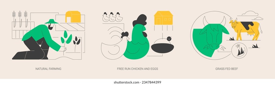 Ecological farming abstract concept vector illustration set. Natural farming, free run chicken and eggs, grass fed beef, sustainable agriculture, food labeling, antibiotics free abstract metaphor.