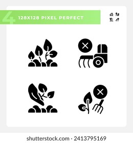 Ecological farming black glyph icons set on white space. Environmentally friendly. Organic agriculture. Growing healthy food. Silhouette symbols. Solid pictogram pack. Vector isolated illustration