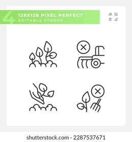 Ecological farming linear icons set. Environmentally friendly. Organic agriculture. Growing healthy food. Customizable thin line symbols. Isolated vector outline illustrations. Editable stroke