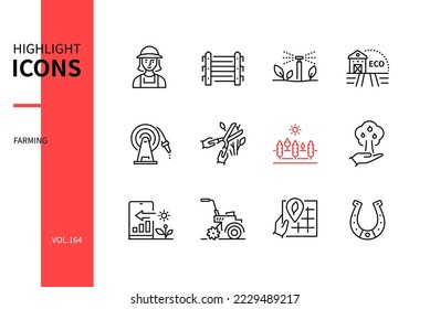 Ökologische Landwirtschaft - moderne Design-Symbole auf weißem Hintergrund. Abholung von Zaun, Bewässerungssystem, Stall und Feld, Wasserschlauch, Pflanzen, Pflanzen und Bäume, Rasenmäher und Landwirtschaft