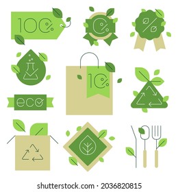 Ecological features. Eco friendly badges. Green shopping. Flat signs. Vector file.