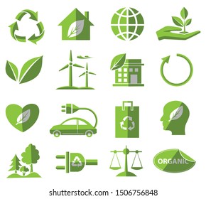 ecological flat icon set, green vector environment, energy sign and biological symbol concept on white background