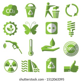 ecological flat icon set, green vector environment, energy, biological sign and symbol concept on white background