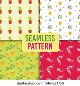 Ecological Floral Cartoon Seamless Pattern Set. Cactus and Tree Sprout in Pot on White or Color Backdrop. Abstract Retro Curious Design on Red. Vector Flat Eco Friendly Herbal Illustration
