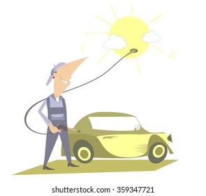 Ecological fuel. Man fueling a car using energy of the sun
