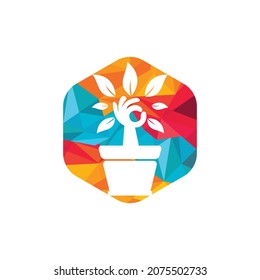 Ecological garden vector logo design. Hand tree with flower pot icon design.	
