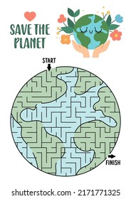 Maíz geométrico ecológico para niños en forma de planeta. Actividad preescolar en el Día de la Tierra. Conciencia ecológica o juego de laberinto de basura cero, rompecabezas. Hoja de cálculo imprimible de protección de la naturaleza o del mundo
