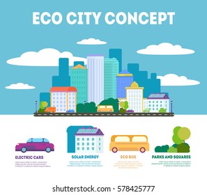 Ecological green city concept vector flat illustration with infographics elements. Isolated electric cars, trees, houses. Solar energy poster.