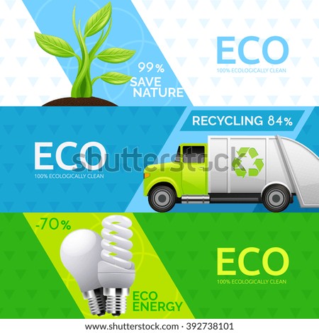 Ecological green energy source concept 3 flat horizontal banners set with waste recycling abstract isolated vector illustration
