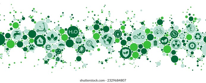 Ecological green mosaic background frame. Texture of plexus dots, circles with symbols, icons is clean energy, eco-friendly. Chaotic hypnosis pattern. Poster for presentations, business. Vector