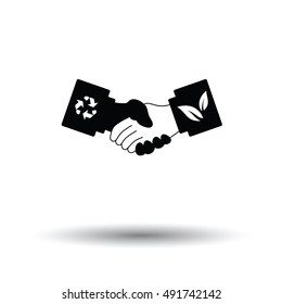 Ecological handshakes icon. White background with shadow design. Vector illustration.