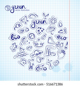Ecological harmony concept with eco life stickers on squared paper vector Illustration