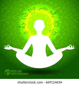 Ecological harmony concept with eco symbols and person in lotus position silhouette on green background vector Illustration