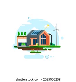 Ecological home with a backyard with zero energy consumption and ecological resources. Waste sorting, solar panels and wind farm. Cartoon drawing in a flat style. Vector illustration.