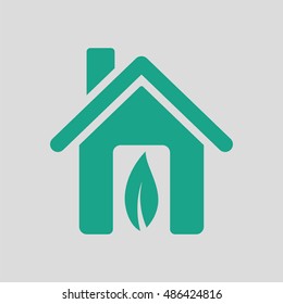 Ecological home leaf icon. Gray background with green. Vector illustration.