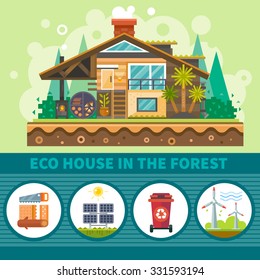 Ecological house in the forest. Clean Environment symbols: alternative energy sources,  recycling container, wooden building, solar panels. Stock vector flat illustration set. 