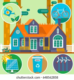 Ecological house in the forest. Clean Environment symbols. Summer landscape. House on the nature. Flat vector illustration