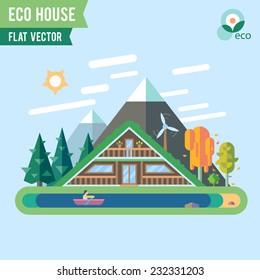 Ecological house in forest.  Saving energy. Vector flat illustration.