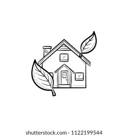 Ecological house hand drawn outline doodle icon. Country house with leaves around as green housing technology and ecologically clean area concept. Vector sketch illustration for print, web, mobile