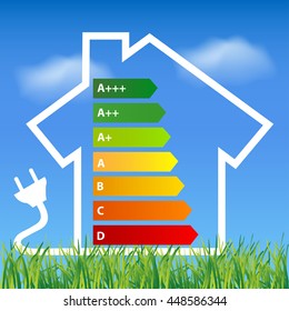 Ecological house outline with energy efficiency rating Environmental friendly energy.Energy saving concept Eco house.Think green concept 