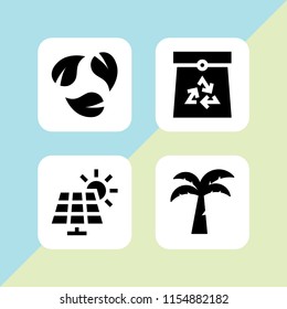 ecological icon. 4 ecological set with ecology and environment, recycle symbol of three leaves, solar panel and island vector icons for web and mobile app