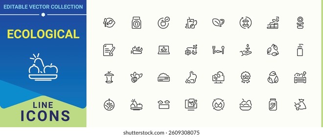 Ecological icon collection. Includes thin line symbols leaf, healthy, nature, vegan, gardening, farming, eco. Organic icon set. Minimalist vector collections. Vector artwork and illustration.