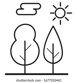 Ecological icon. Landscape with trees and sun. Isolated on white background. Vector illustration.