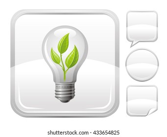 Ecological icon with light bulb and green leafs on silver button background with other blank variations - speaking bubble, round and sticker