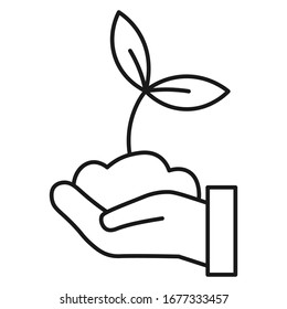 Ecological icon. Plant on hand. Isolated on white background. Vector illustration.