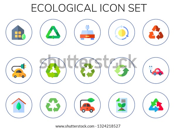 ecological icon set. 15 flat ecological icons. \
Collection Of - eco house, electric car, recycling, recycle,\
recycle sign, reuse, recycled\
paper