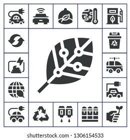 ecological icon set. 17 filled ecological icons.  Collection Of - Electric car, Recycle, Compost, Renewable energy, Ecology, Recycling, Ecologism, Cartridge, Global warming, Eco fuel