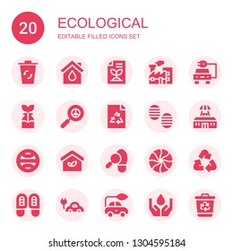 ecological icon set. Collection of 20 filled ecological icons included Recycling bin, Eco house, Recycled paper, Pollution, Electric car, Reuse, Pacifism, Ecologism, Footprint