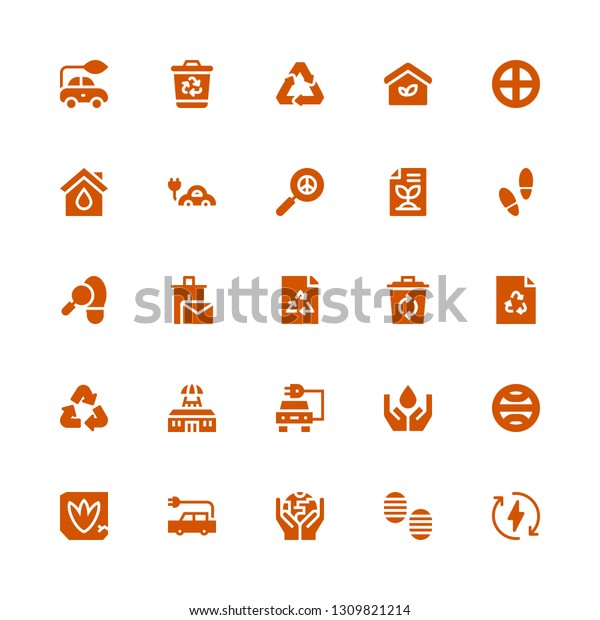 ecological icon\
set. Collection of 25 filled ecological icons included Eco energy,\
Footprint, Ecology, Electric car, Terra, Tesla, Recycle, Ecologism,\
Recycle bin, Recycled\
paper
