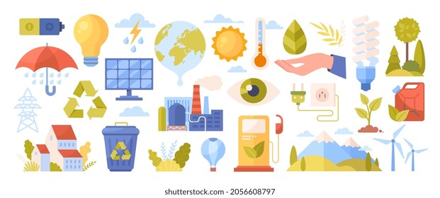 Ecological Icon Set. Colorful stickers with planet, nature, recycling and sorting of garbage, solar panels. Design elements for sites. Cartoon flat vector collection isolated on white background