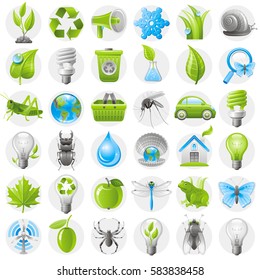Ecological icon set green blue icons isolated background. Environment protection concept. Recycle symbol, Earth globe, garbage can, electric car, light bulb, insect, organic food, wind turbine, water