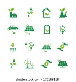 Conjunto de iconos ecológicos, entorno de vector verde, signo de energía y concepto de símbolo sobre fondo blanco.
