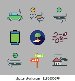 ecological icon set. vector set about wind, drought, electric car and garbage bin icons set.