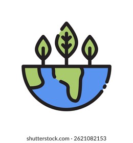 Ecological Icon Vector for Nature Conservation and Sustainability – Leaf and globe illustration, green lifestyle concept, clean energy. Filled Line Icon