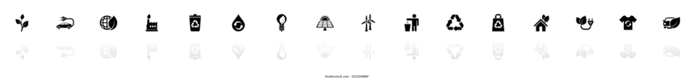 Ecological icons - Black horizontal Illustration symbol on White Background with a mirror Shadow reflection. Flat Vector Icon.