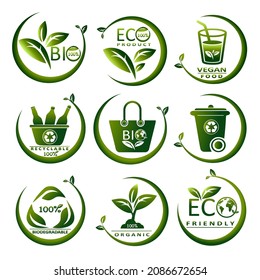 Ecological Icons, eco product, vegan food, biodegradable, green planet, bio