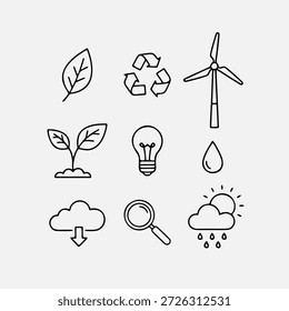 Ícones ecológicos folha, reciclar, turbina eólica, planta, lâmpada, gota de água, download, lupa e clima