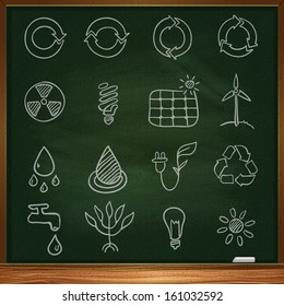 Ecological icons. Outline drawing with white chalk on a blackboard