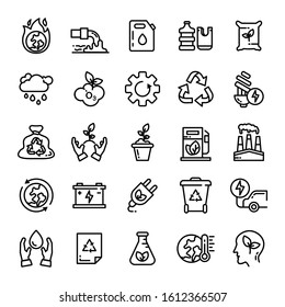 Ecological icons set vector illustration. part 2 of the campaign that raises ecological awareness, saves energy, industrial waste, pollutes factories, electric cars, natural gas