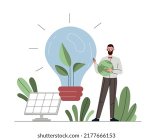 Ecological idea concept. Man with solar panel develops new ways to reduce emission of harmful substances. Creative person comes up with alternative energy sources. Cartoon flat vector illustration