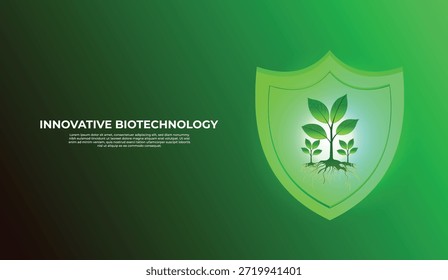 Ilustración ecológica de ciberseguridad con un escudo y tres plántulas en verde neón. Simbolizando la protección del medio ambiente y el cuidado del planeta Tierra. Biotecnología futurista, concepto de innovación.