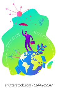 Ecological illustration. Depletion of the ozone layer. Ozone hole. Man with an umbrella covers planet Earth from effects of sun and ozone hole. Eco-city. Greenhouse effect of CO2. ECO activist. Green.