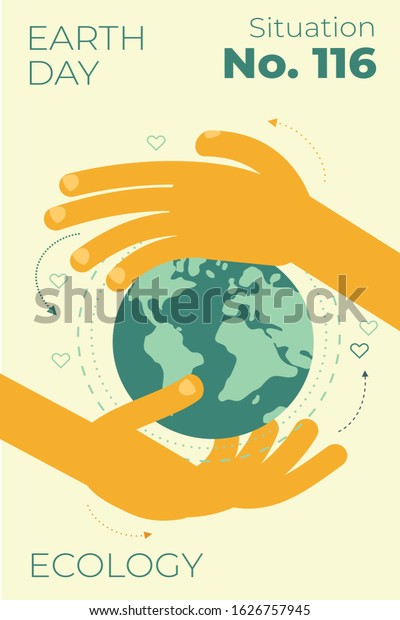 Ecological illustration. Earth day. The hands of\
the person hugging the planet Earth. Care and love planet.\
Ecological thinking. Concern for environment. Planting trees.\
Environmental activist.\
Green.