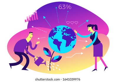 Ecological illustration. Earth Day. Man and woman water, care, take care of planet. Keeping environment clean. Save of the Earth. Caring for environment. Eco activists, ecological thinking. Green.